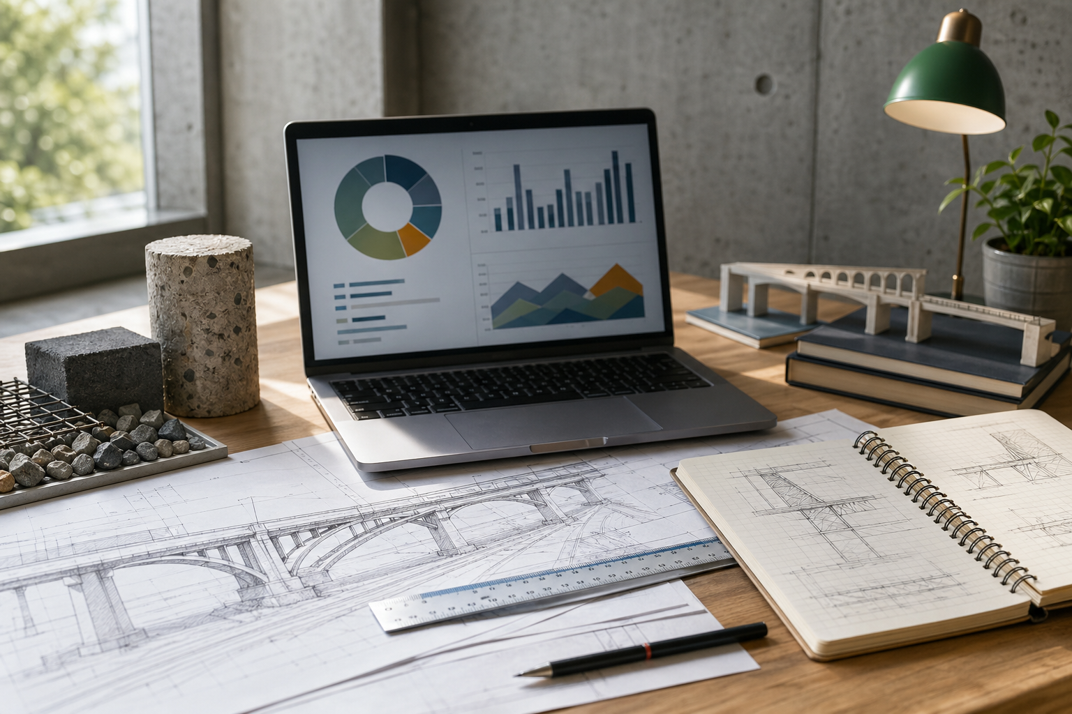 Engineering study workspace with drawings, laptop, and model bridge