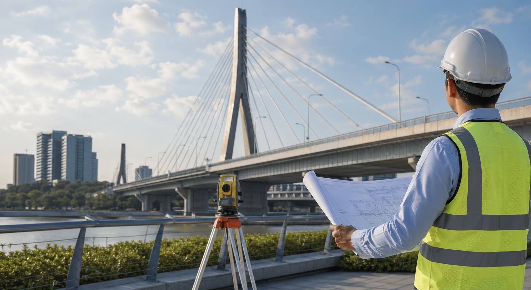 Civil engineer reviewing plans near a modern bridge